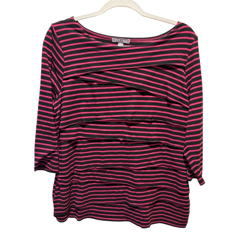 Roz &‎ Ali Womens XL Magenta Black Striped Tiered Ruffle 3/4 Sleeve Knit Top